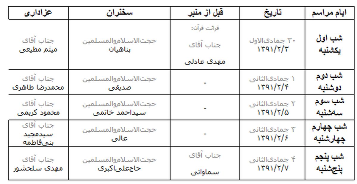 برنامه مراسم عزاداری ایام فاطمیه در بيت رهبري