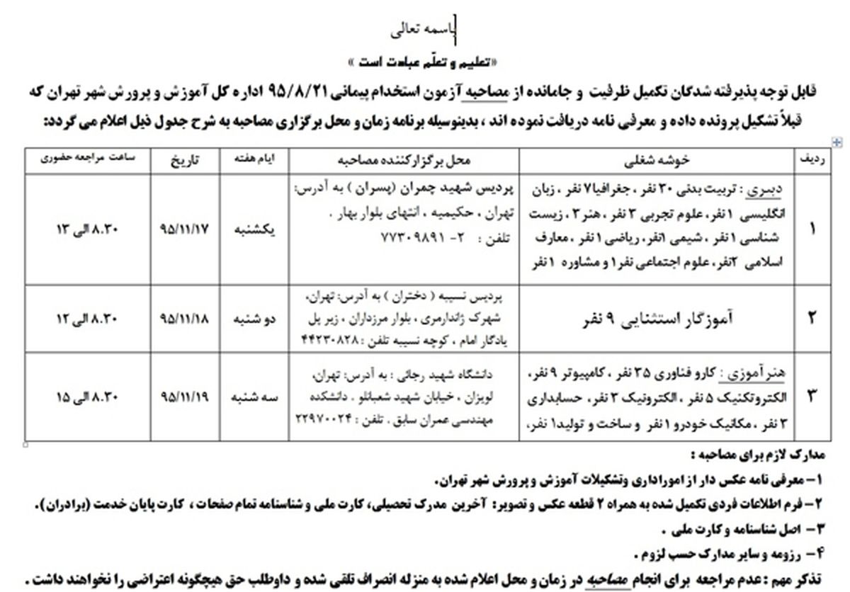زمان برگزاری مصاحبه آزمون استخدامی آموزش و پرورش