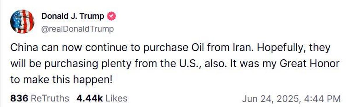 ترامپ: چین اکنون می‌تواند به خرید نفت از ایران ادامه دهد