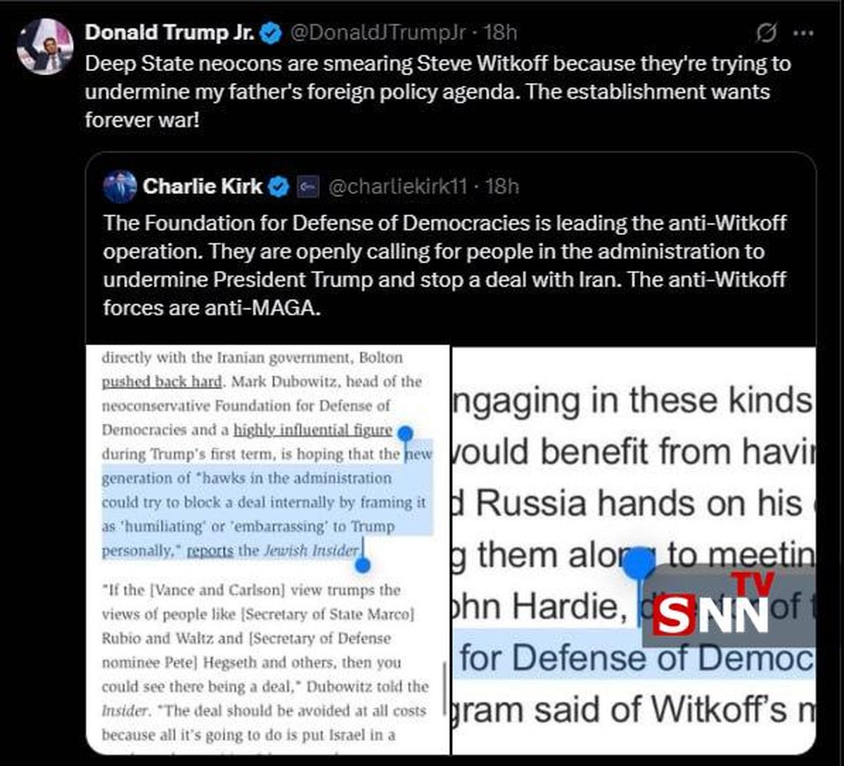  واکنش پسر ترامپ به عملیات تبلیغاتی بنیاد صهیونیستی FDD علیه ویتکاف