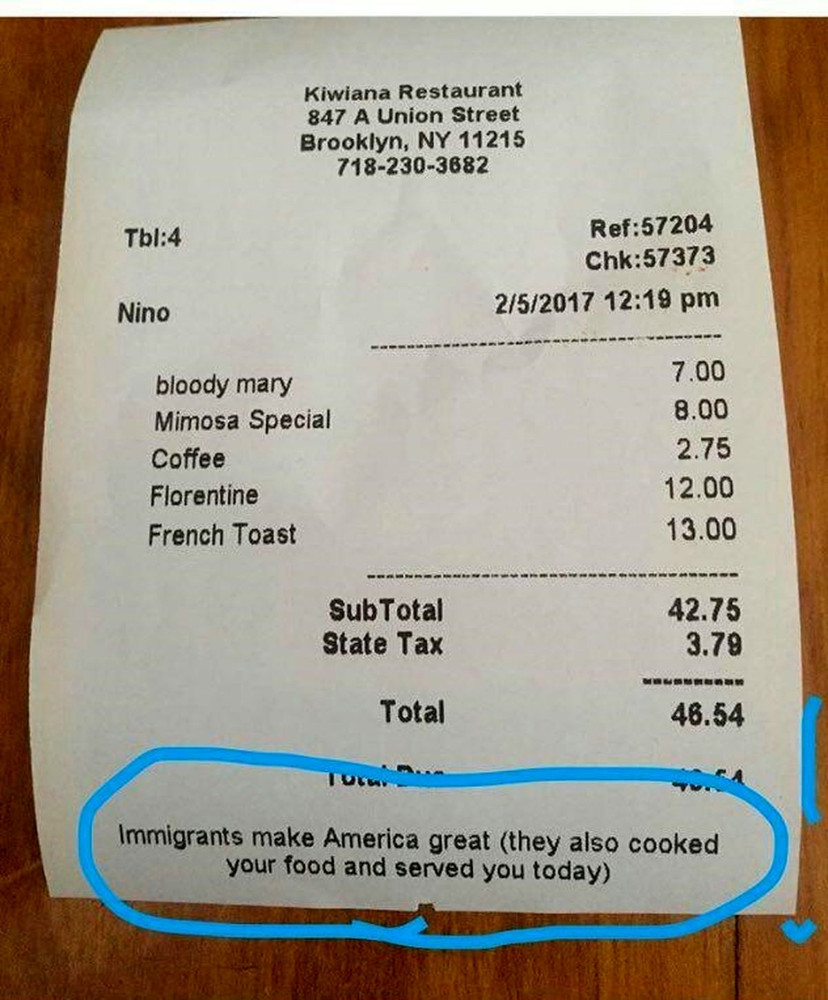 عکس: جمله جالب روی صورتحساب یک رستوران در نیویورک