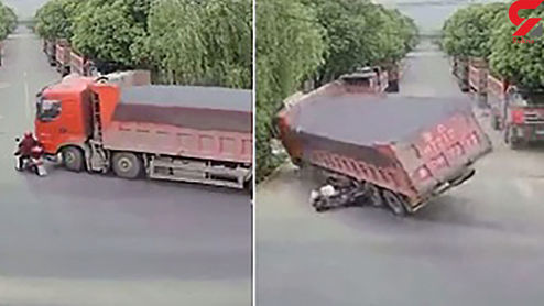 زنده ماندن معجزه آسای یک موتورسوار پس از تصادف با تریلی +فیلم