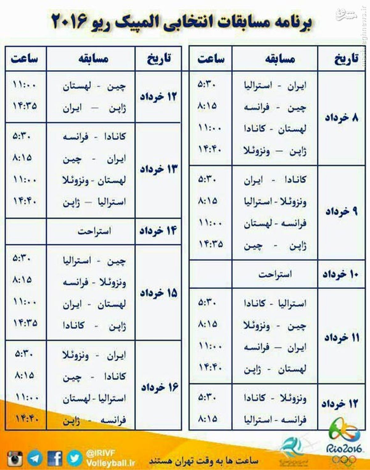عکس: برنامه دیدارهای تیم ملی والیبال در راه ریو