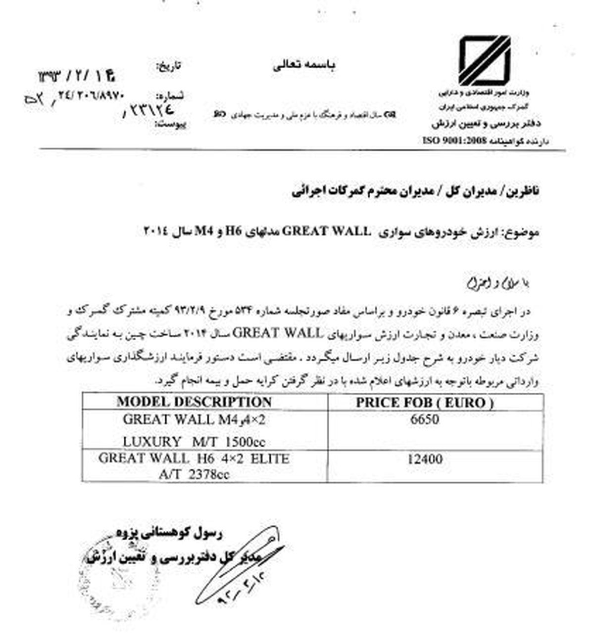 ارزش گمرکی 2 مدل سواری وارداتی چینی