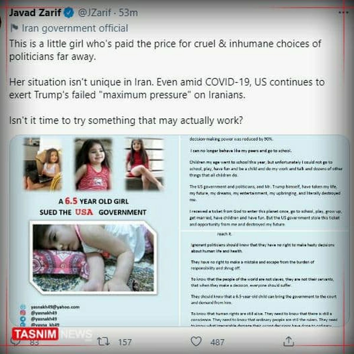 انتقاد ظریف از تداوم فشار حداکثری آمریکا