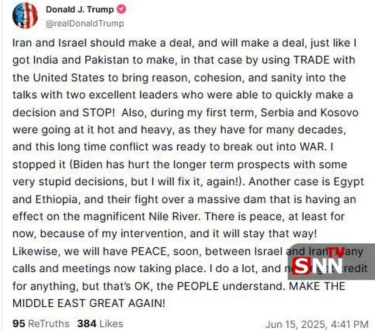 ترامپ: «اسرائیل و ایران باید یک توافق صلح انجام دهند»