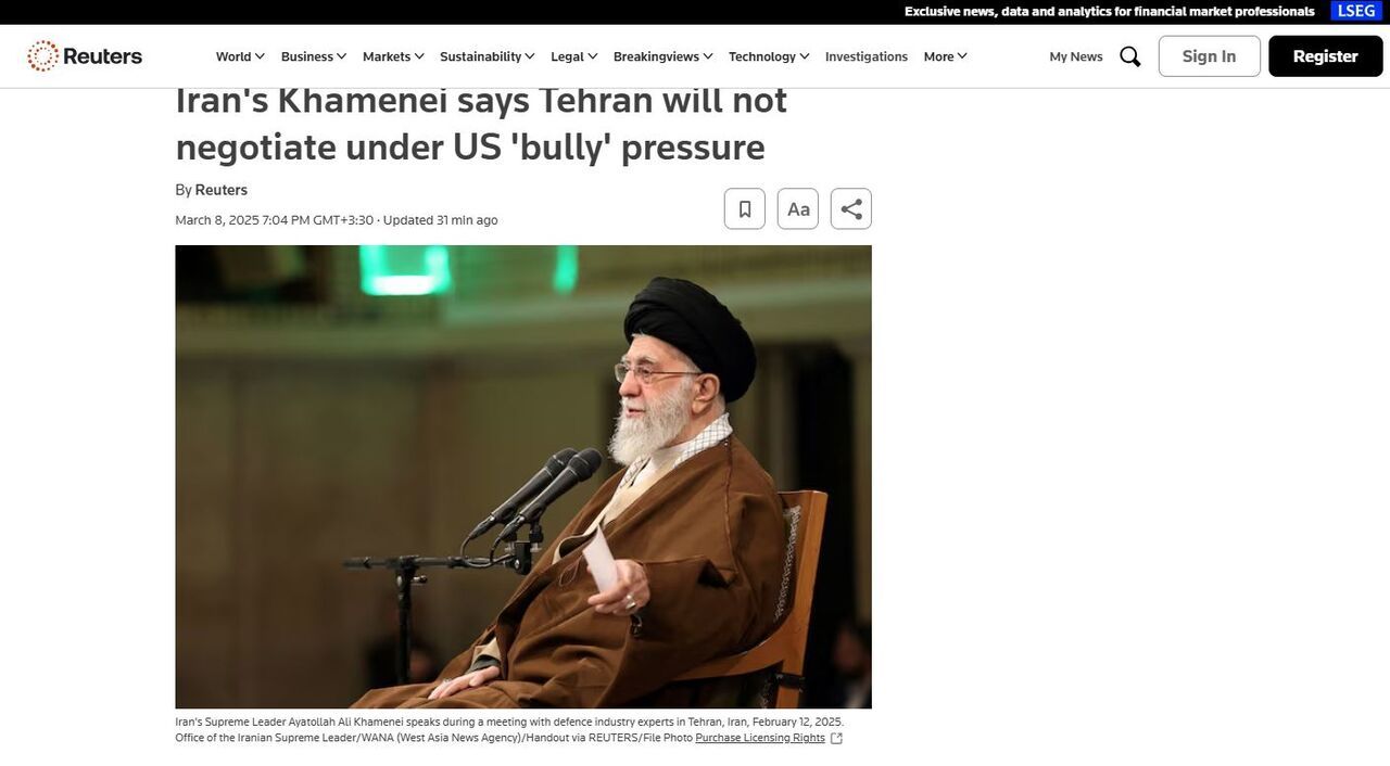 بازتاب بیانات رهبر انقلاب در رسانه‌های جهان/رد مذاکره با «دولت قلدر» در بیانات رهبری 