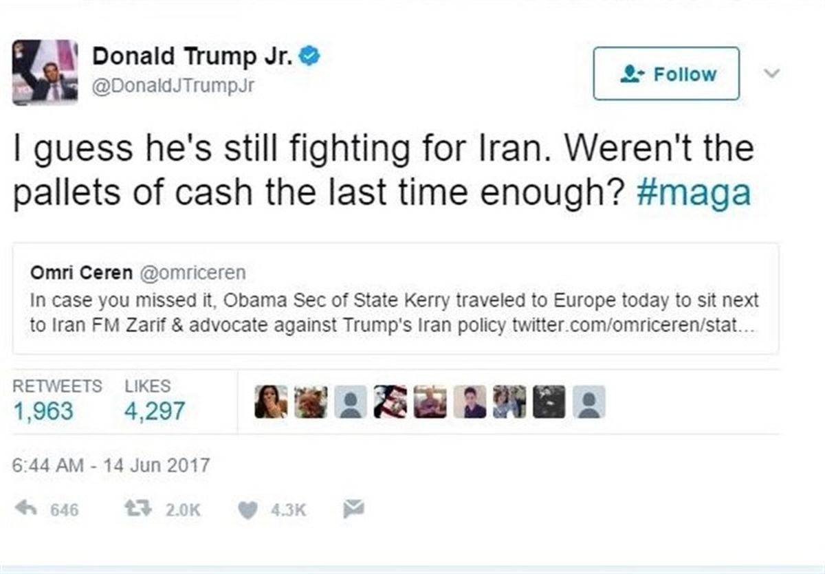 توئیت تند پسر ترامپ علیه جان کری +عکس